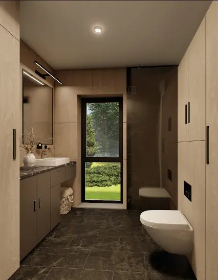 Vannas istabas interjers koka karkasa divu moduļu mājai