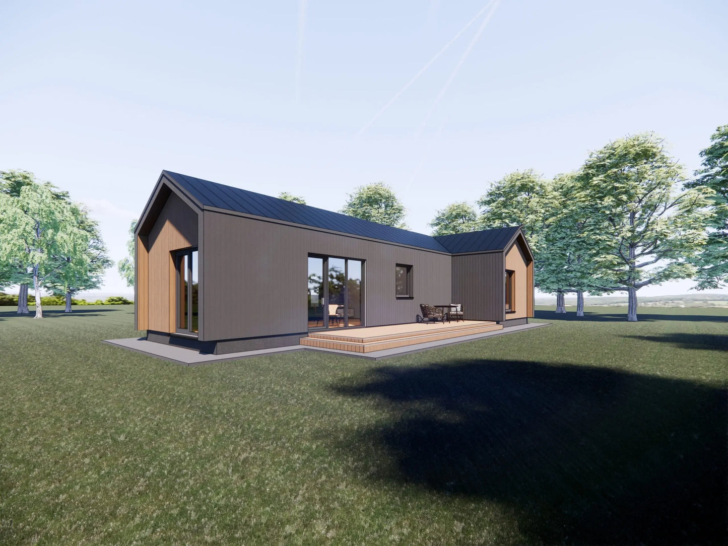 Divu moduļu koka karkasa māja ar ārējo terasi, skats no pagalma puses