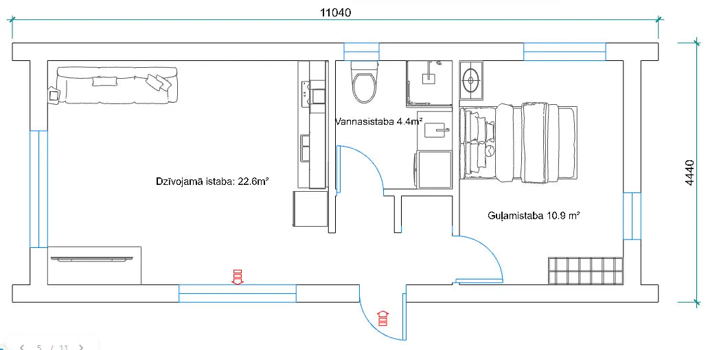 Modernas koka karkasa moduļu mājas iekšējais plānojums
