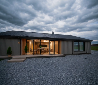 Moderna koka karkasa privātmāja ar plašu terasi un gaišu dzīvojamo istabu