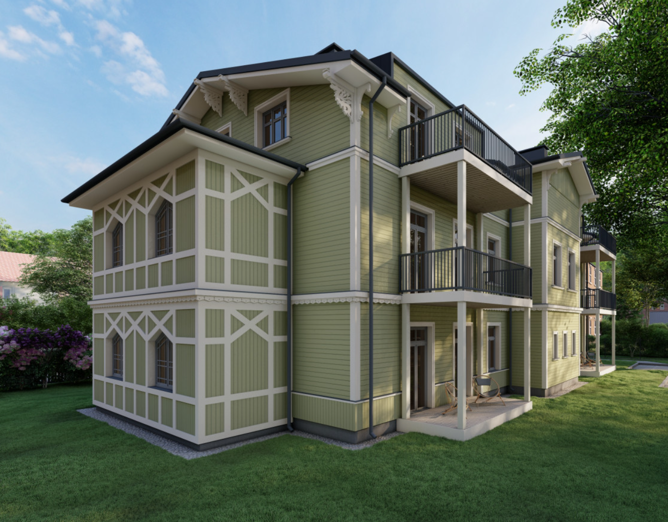 Trīsstāvīgs koka paneļu apartamentu projekts, kuru uzbūvējām 2025. gadā.