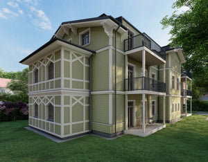 Trīsstāvīgs koka paneļu apartamentu projekts, kuru uzbūvējām 2025. gadā.