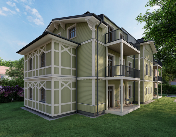 Trīsstāvīgs koka paneļu apartamentu projekts, kuru uzbūvējām 2025. gadā.