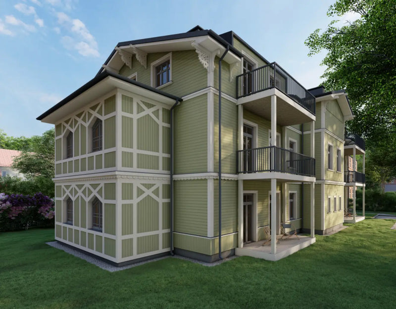 Trīsstāvīgs koka paneļu apartamentu projekts, kuru uzbūvējām 2025. gadā.