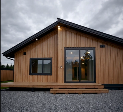 Divu moduļu kombinētā koka karkasa māja ar koka fasādi