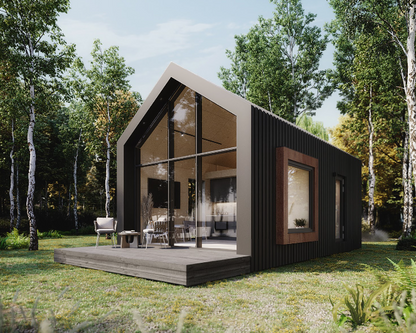 Divslīpju jumta privātmāja ar pusstāvu, lieliem vitrīnas logiem un plašu āra terasi