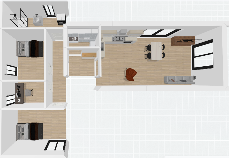 3D 96 kvadrātmetru moduļu mājas plānojums L veida izkārtojumā 