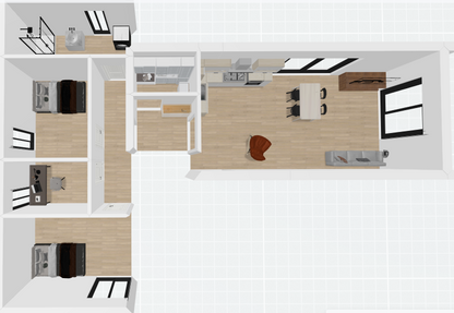 3D 96 kvadrātmetru moduļu mājas plānojums L veida izkārtojumā 