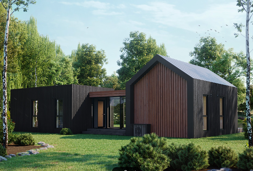 Skats no priekšas uz moduļu koka karkasa privātmāju ar piebūvi un modernu koka fasādi