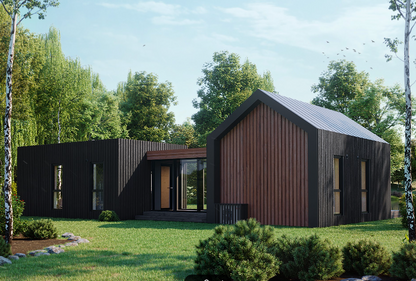 Skats no priekšas uz moduļu koka karkasa privātmāju ar piebūvi un modernu koka fasādi