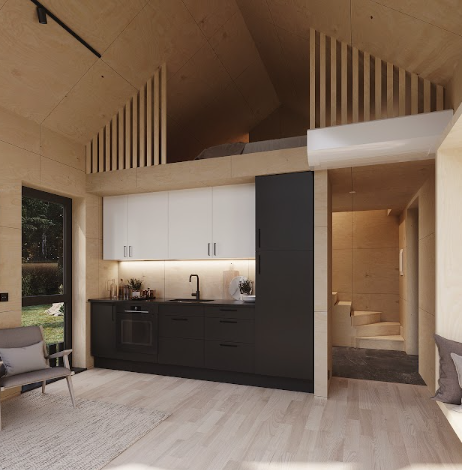 Moduļu mājas iekšējais interjers ar pusstāvu