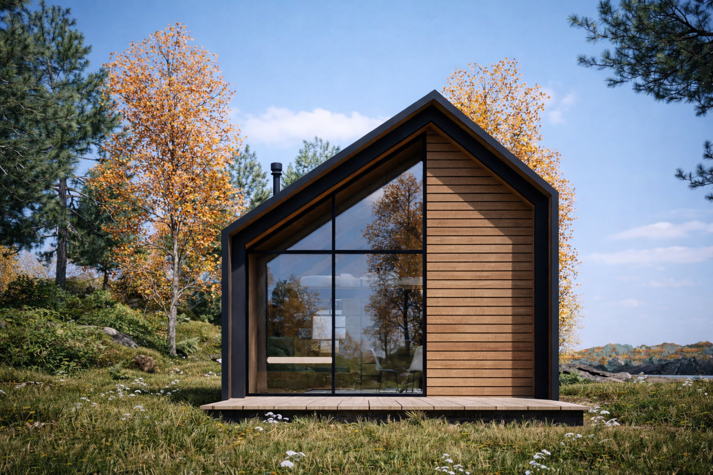 Moodulmaja "Moderna" esiplaanil, suure klaasvitriiniga ja väga moodsa disainiga.