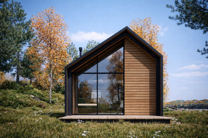 Moodulmaja "Moderna" esiplaanil, suure klaasvitriiniga ja väga moodsa disainiga.