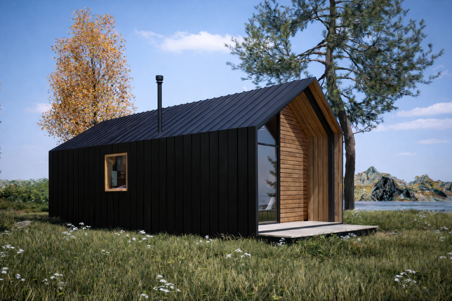 Moodulmaja "Moderna" vasakpoolne külgvaade, kus on näha puitpaneelid ja korsten või suitsutoru.