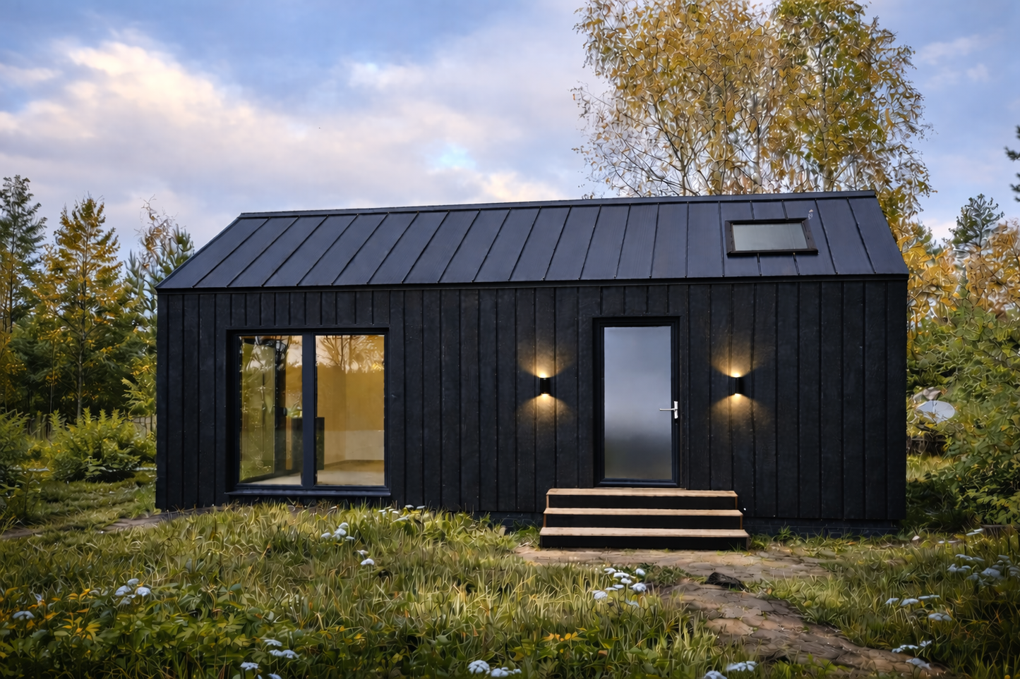 Moodulmaja "Moderna" parempoolne külgvaade koos kaasaegse valgustusega