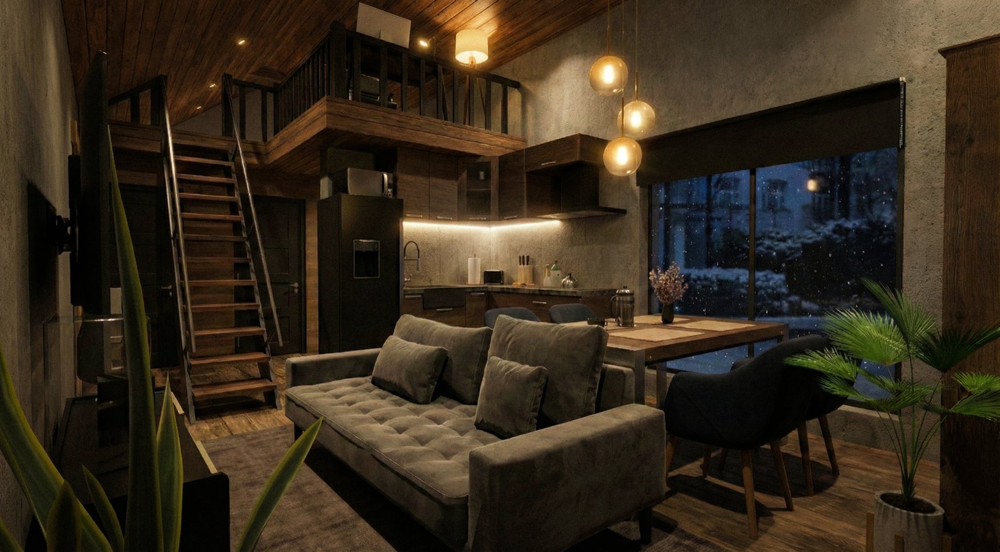 Moodulmaja "Moderna" esimese korruse kaasaegne interjöör koos diivani, köögi ja trepiga teisele korrusele või pööningule.