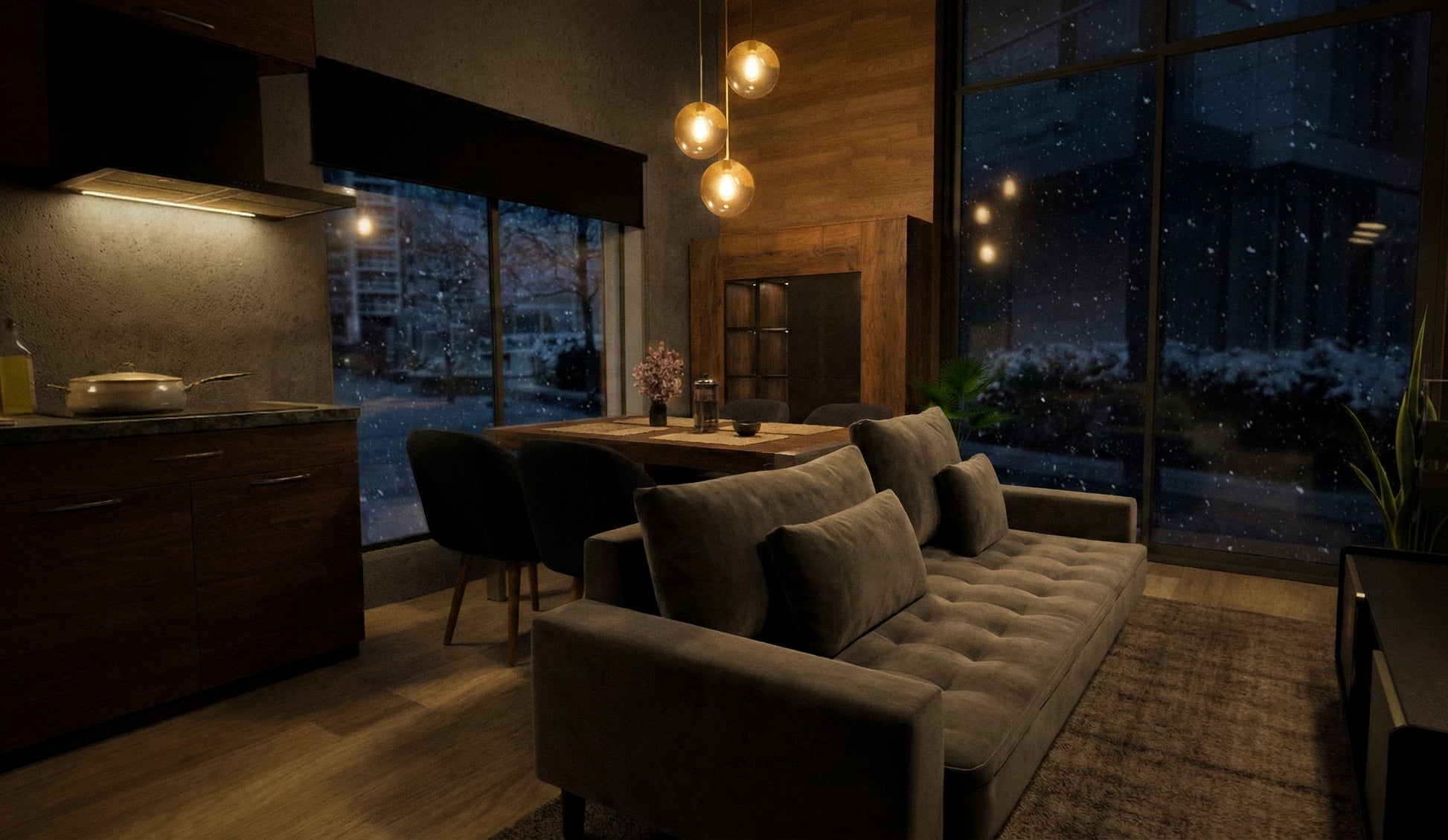 Moodulmaja "Moderna" esimese korruse interjöör suurte akendega