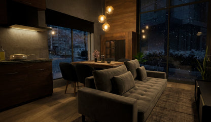 Moodulmaja "Moderna" esimese korruse interjöör suurte akendega