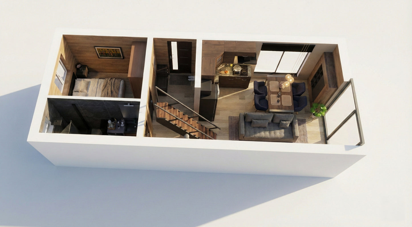 Moodulmaja "Moderna" esimese korruse plaan, kus on näidatud magamistuba, köök, elutuba ja külgne vannituba.