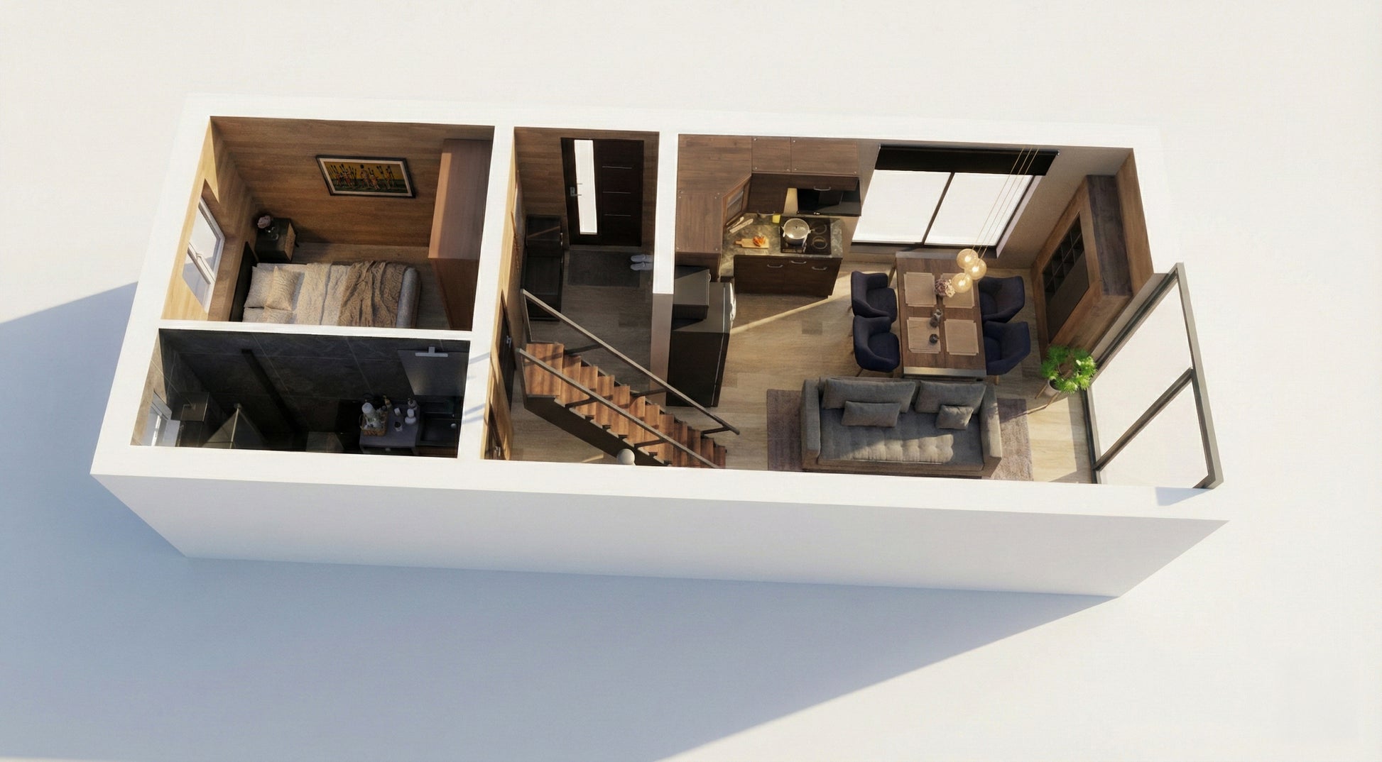 Moodulmaja "Moderna" esimese korruse plaan, kus on näidatud magamistuba, köök, elutuba ja külgne vannituba.