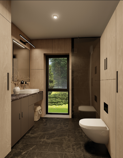 Vannas istabas interjers koka karkasa divu moduļu mājai