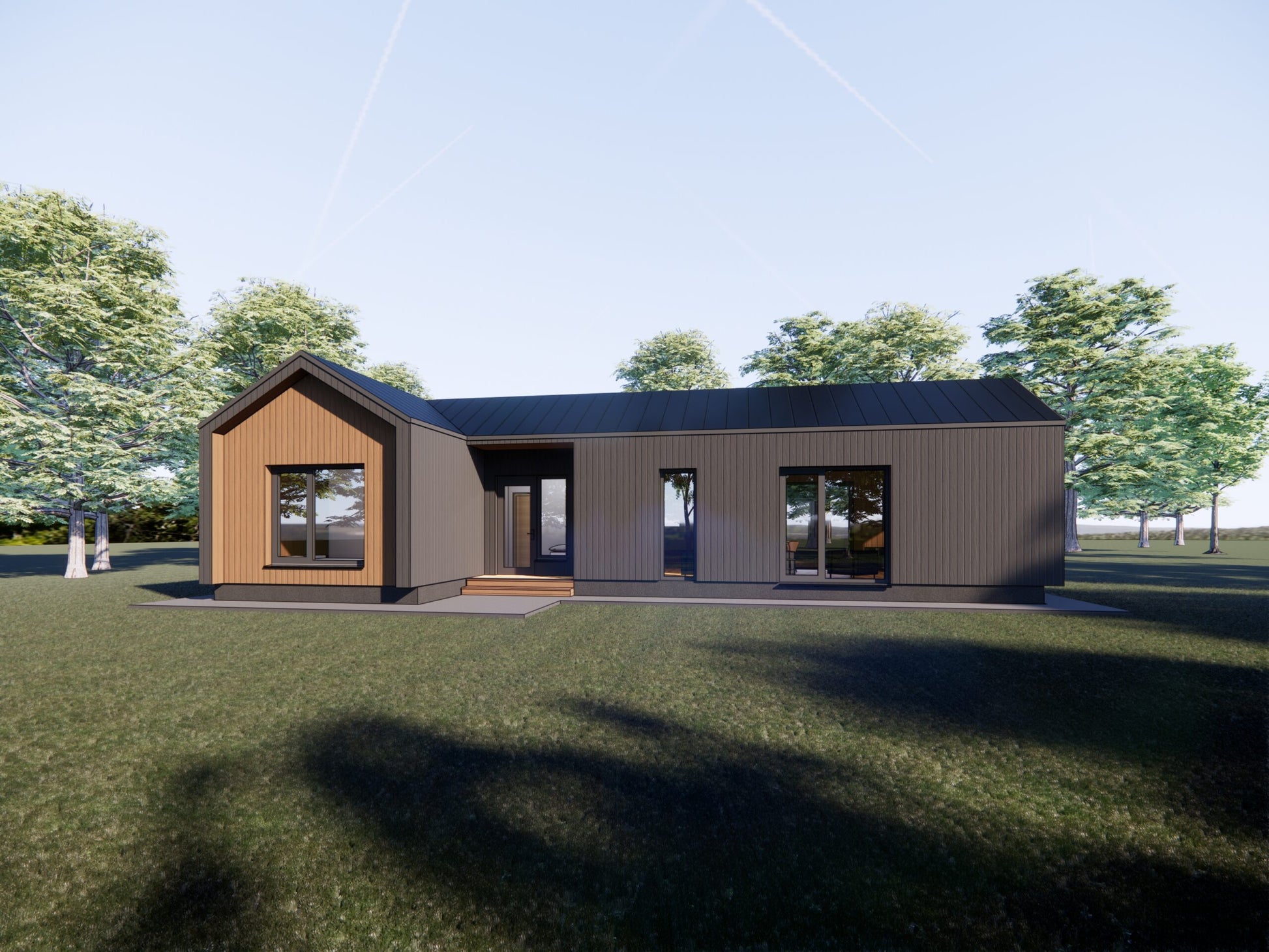 Divu moduļu koka karkasa moduļu māja, priekšskats no piebraucamās puses