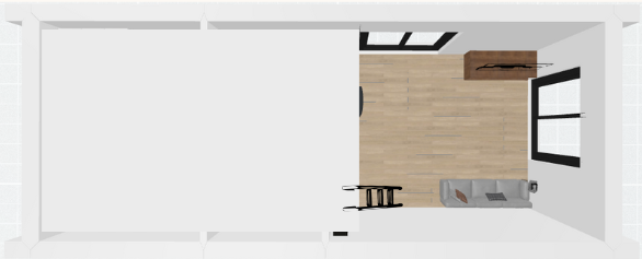 Moduļu mājas pusstāva plānojums ar trepēm