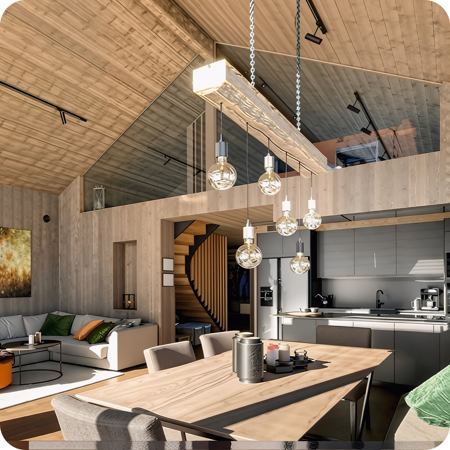 Moderna koka karkasa mājas skandināvu stila interjers ar otro stāvu