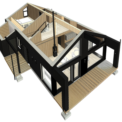 Modernas divstāvu skandināvu stila mājas plānojums šķērsgriezumā ar redzamu interjera izkārtojumu