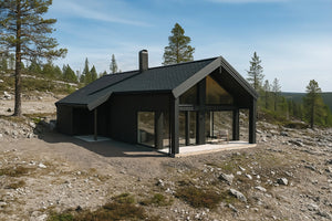 Moderna koka karkasa māja ar jumta pārkari un piebūvi uz betonētiem pamatiem