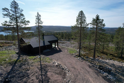 Aina ar Skandināvu tipa māju kur redzams tās jumts pārkares un skurstenis