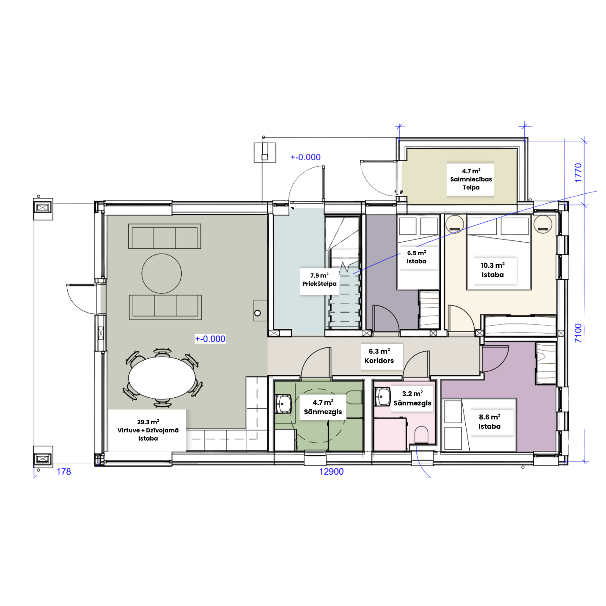 Koka karkasa mājas plānojums ar 3 guļamistabām.
