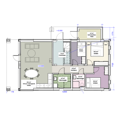 Koka karkasa mājas plānojums ar 3 guļamistabām.